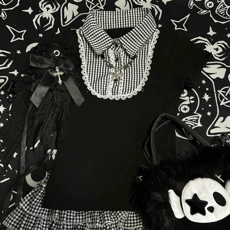 Wholesale black doll collar lace patchwork short-sleeve T-shirt for women, summer Y2K slim-fit top for trendy girls Wholesale black doll collar lace patchwork short-sleeve T-shirt for women, summer Y2K slim-fit top for trendy girls