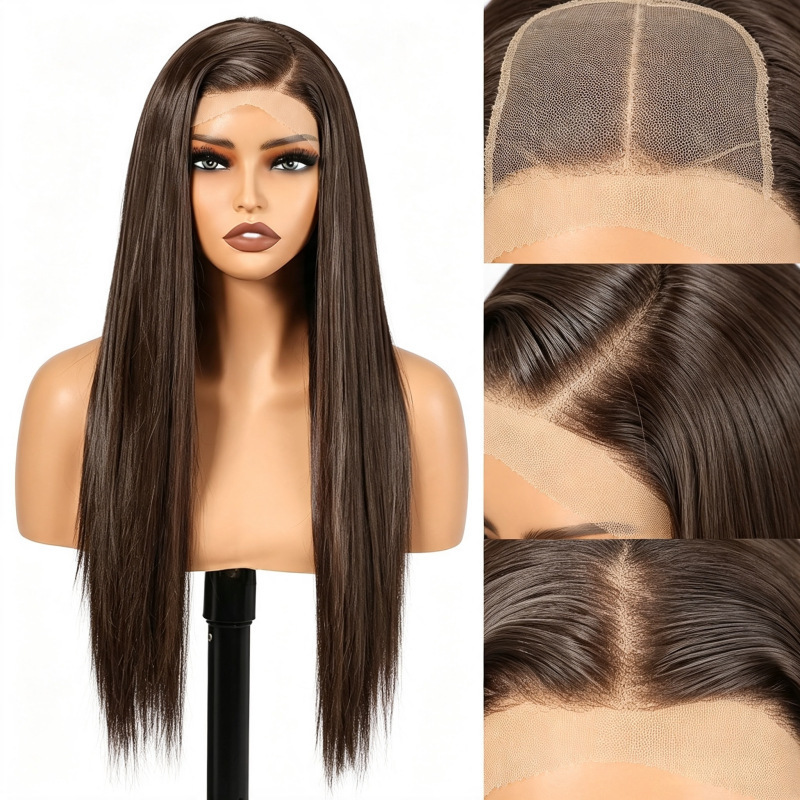 Cross-border fashion women's wigs, various colors, party wigs, front lace, middle parting, smooth long straight hair, in stock at the factory Cross-border fashion women's wigs, various colors, party wigs, front lace, middle parting, smooth long straight hair, in stock at the factory