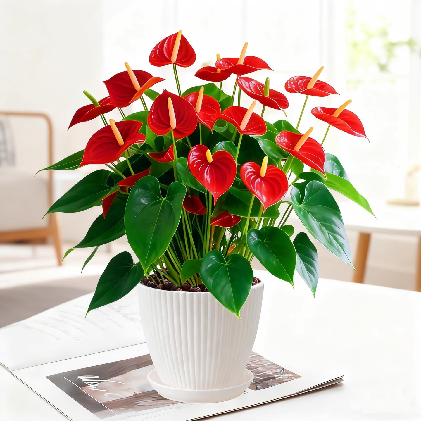 Anthurium potted plant [4-5 flowers] + simple white pot