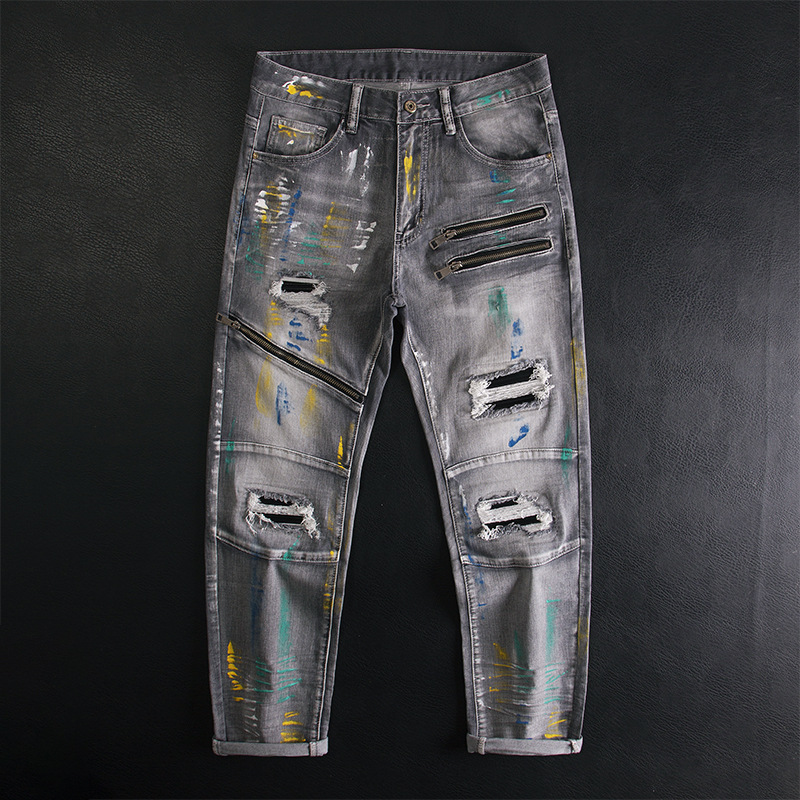 Men's Clothing Ripped, Patched, Graffiti Print Patchwork Jeans, Slim Fit, Stretch, Retro, Splatter Paint, Zipper, American High End Trendy Style._voghion.com