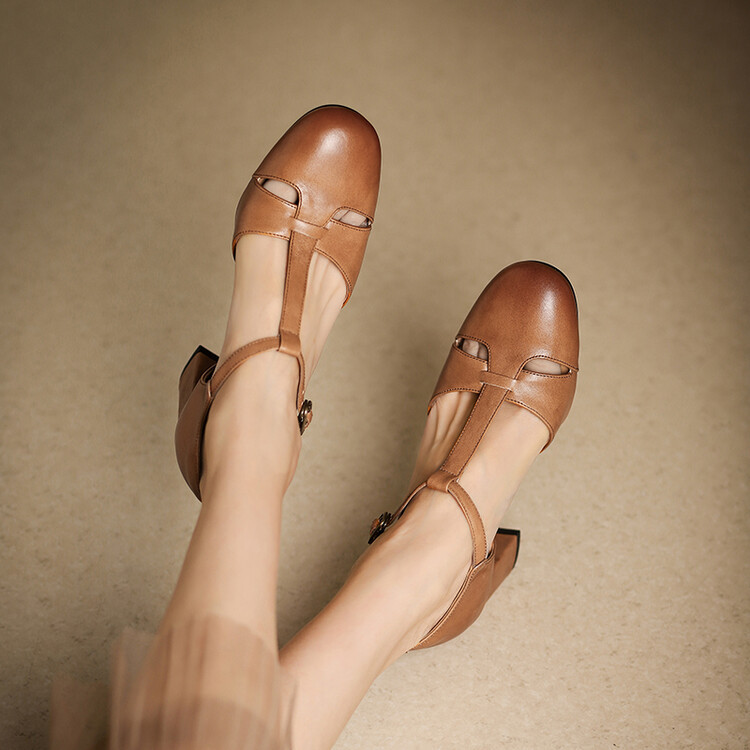 CHIKO Magdalena Round Toe Block Heels T-Strap Shoes