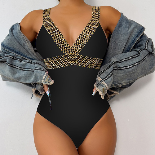 2024 New Colorful Multicolor European and American Print Cross-border Deep V Tankini Sexy One-piece Swimsuit AliExpress Bikini