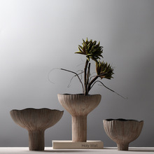 侘寂风复古陶泥花器民宿样板房插花装饰品磨砂创意高脚花瓶摆件