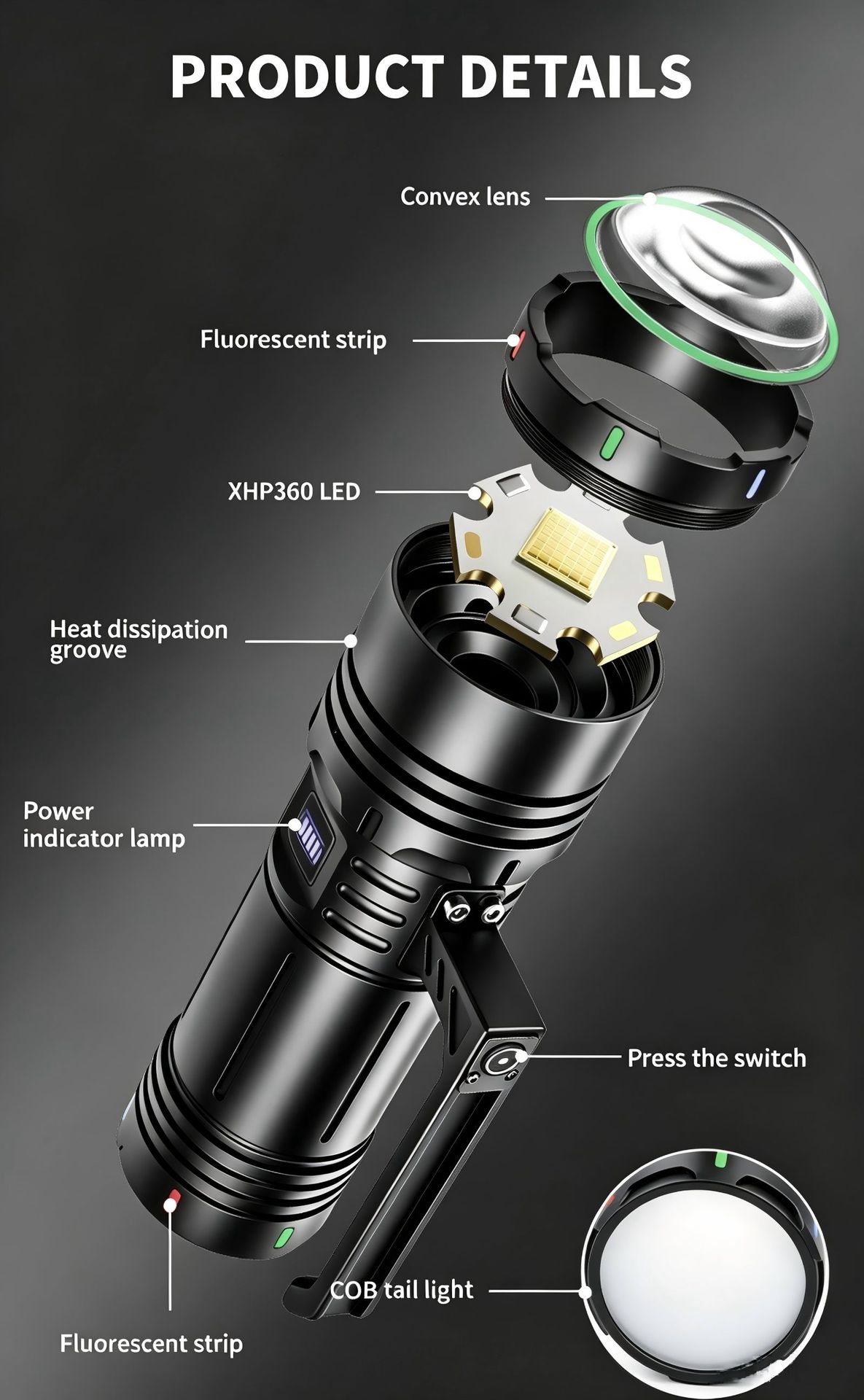 Cross-border outdoor flashlight, multi-functional, long-lasting, high-intensity, long-range, with tools, rechargeable, high-power, portable lamp