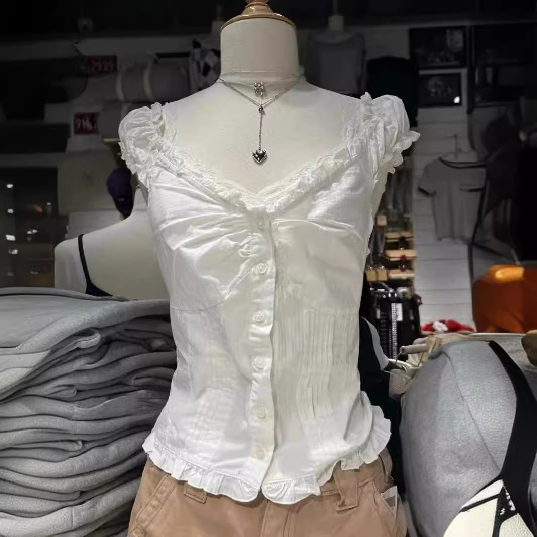 BM风 新款美式芭蕾风白色无袖荷叶边短袖T恤女花边修身开衫上衣夏