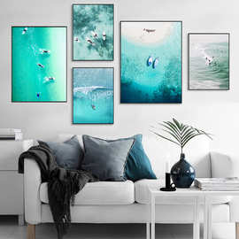 北欧ins风海景图片装饰画海报客厅墙壁无框蓝色海洋冲浪帆布 画芯