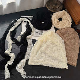 春夏季薄款透气堆堆帽女款蕾丝包头帽显脸小头巾同色系围巾两件套