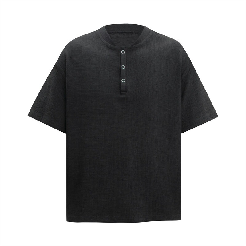Summer Henry Casual Solid Color Short-Sleeve T-Shirt for Men, European and American Trendy Brand, Jacquard Texture, Simple Half-Open Collar