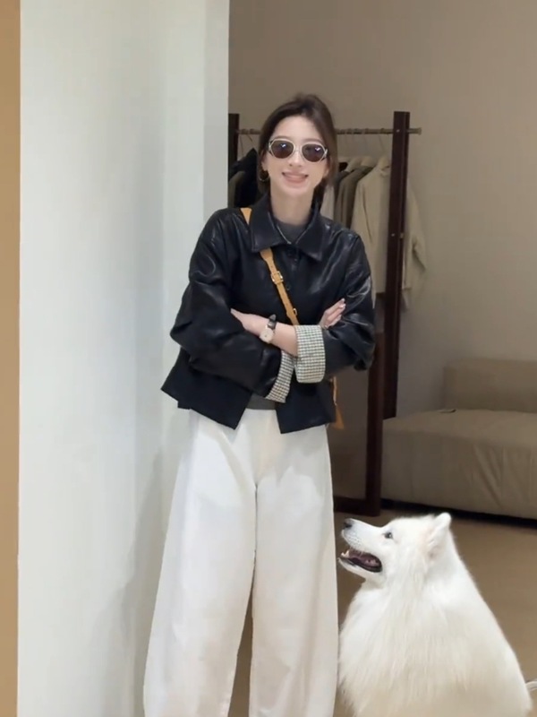 短款翻领格子拼接皮衣外套女2025秋季新款小个子时尚百搭夹克上衣|undefined