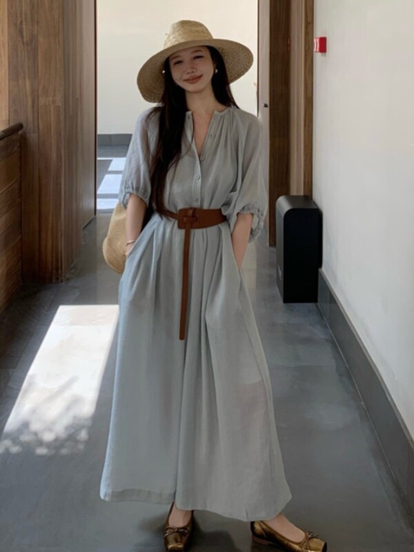 Beach Vacation Style Arm-Covering Dress, New Summer Style, Plus Size, Waist-Cinching, Tummy-Covering, with Pockets, Chiffon Long Dress