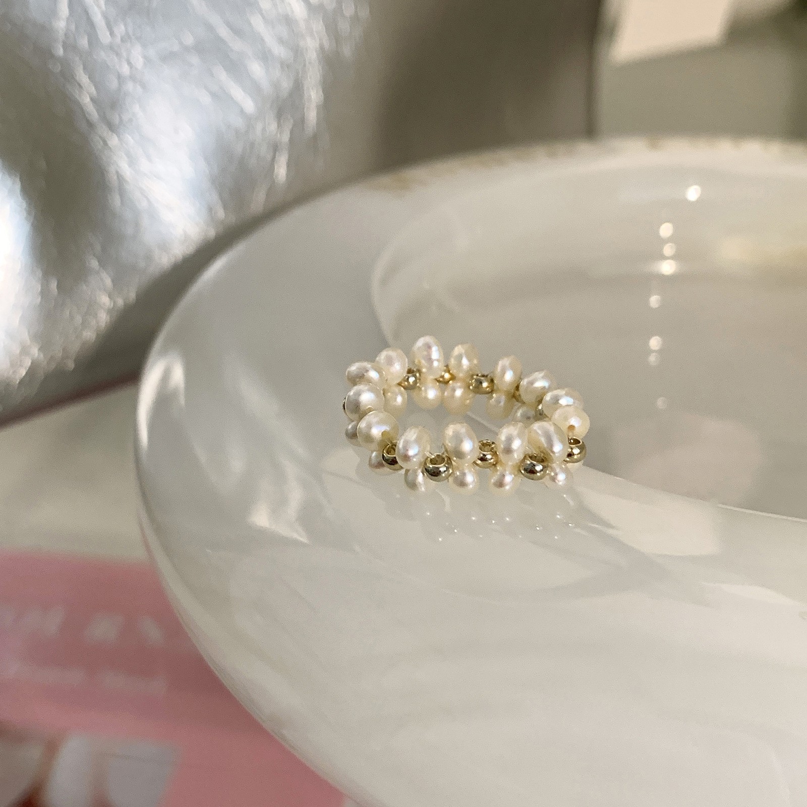 Anillo de circonita de perlas de viento ins, nicho femenino, sentido de alta gama, simple y ligero, anillo de novia de lujo, anillo de apertura de temperamento al por mayor