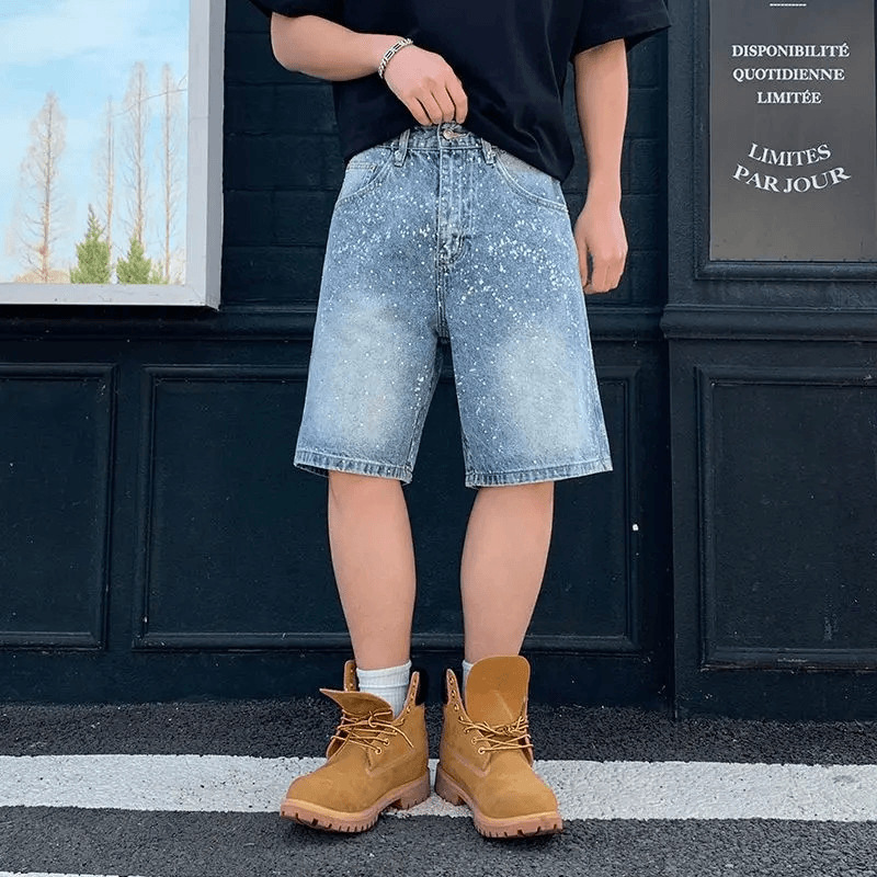 Splash Ink Rhinestone Denim Washed Shorts for Men, Fashionable New American High Street Style, Loose Straight Five-Point Pants, Blue Splash Ink Rhinestone Denim Washed Shorts for Men, Fashionable New American High Street Style, Loose Straight Five-Point Pants, Blue