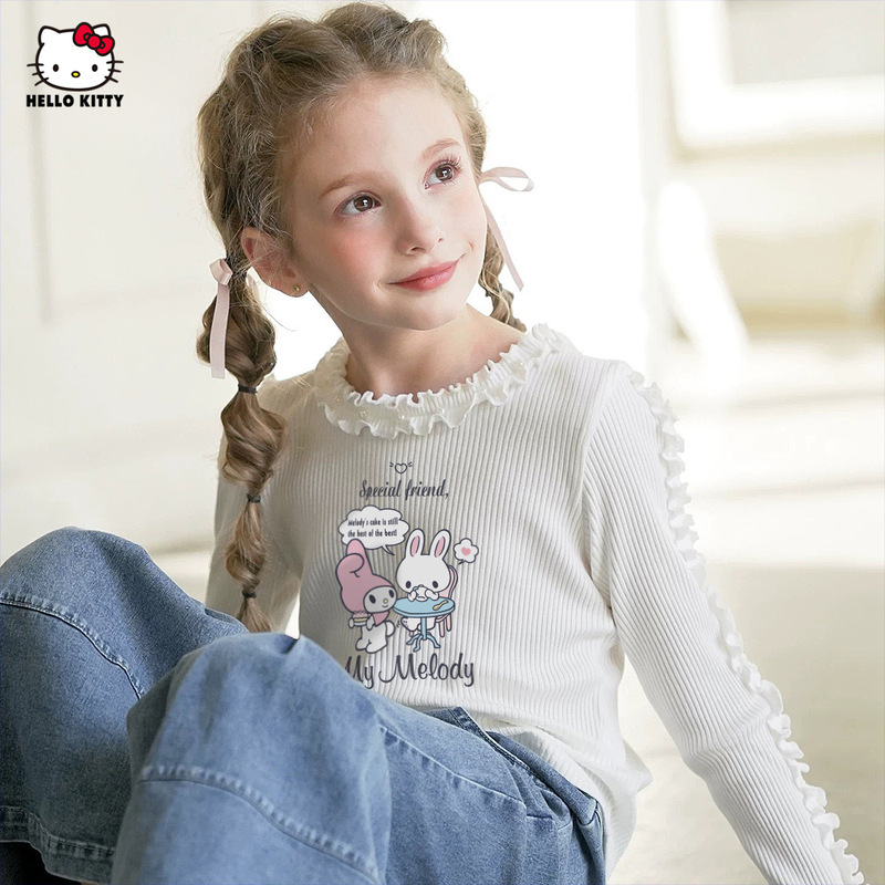 HelloKitty凯蒂猫美乐蒂联名女童秋季打底衫2025款法式田园风上衣|undefined