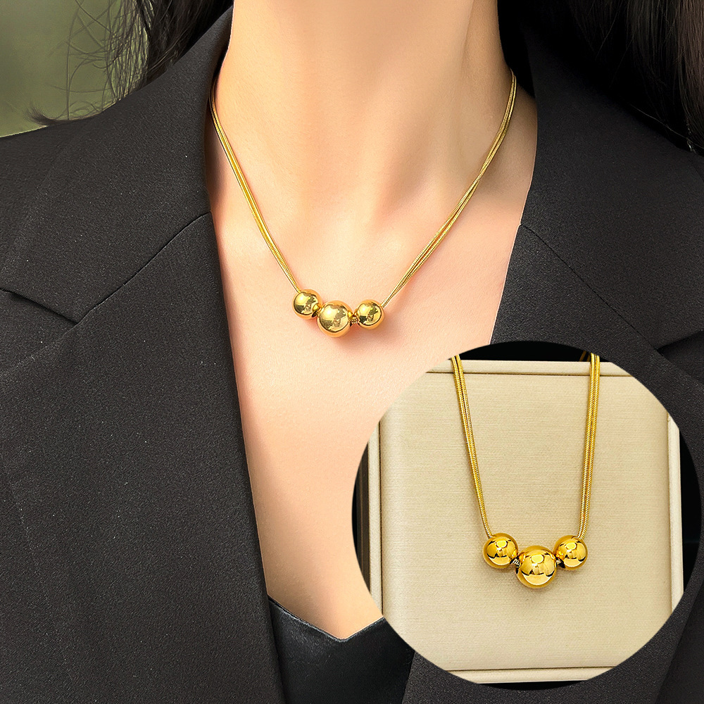 Cross-Border Wholesale European and American Simple Niche Design Turquoise Double-Layer Stacked Transfer Beads Non-Fading Titanium Steel Necklace for Women