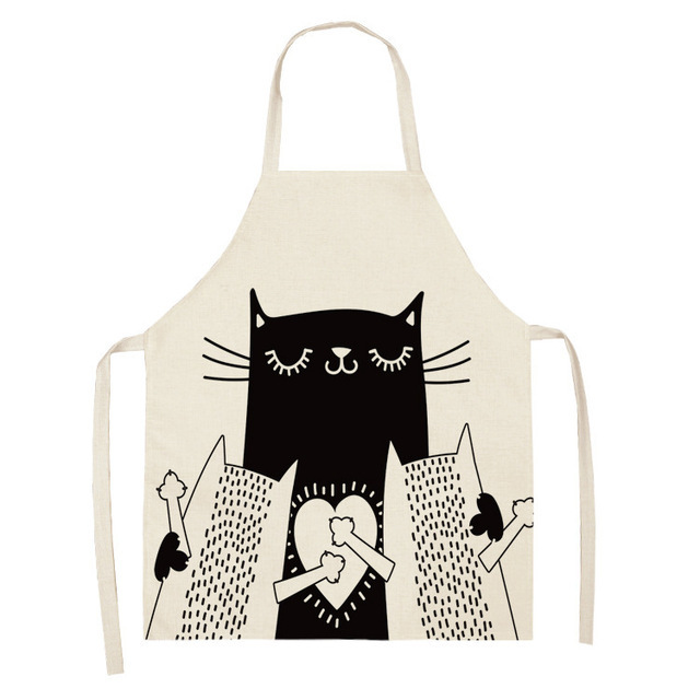 Gato blanco y negro de dibujos animados delantal lino cocina casera sin mangas halter antifouling cintura niños babero