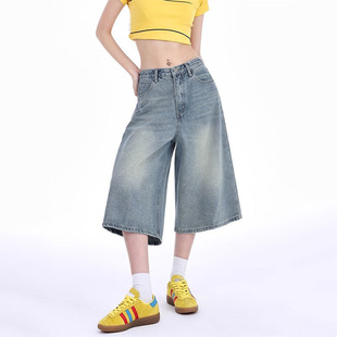 American Retro High Street Denim Shorts Women's Summer New Washed Old Loose Hot Girl Capri Pants Wide Leg Pants