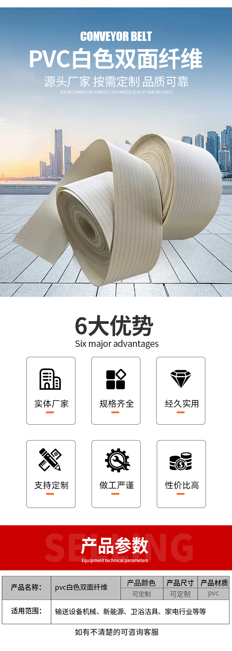 PVC white double-sided fiber conveyor belt canvas, automatic noodle press conveyor belt, food packaging machinery conveyor belt
