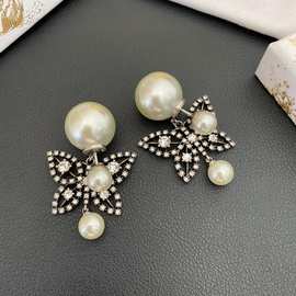 2024年新款黑色水钻古银色镂空蝴蝶大小双珍珠耳环明星同款耳饰