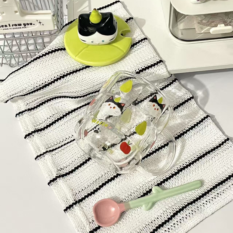 手绘立体猫咪玻璃马克杯带盖可爱卡通家用早餐杯耐高温杯子伴手礼|undefined