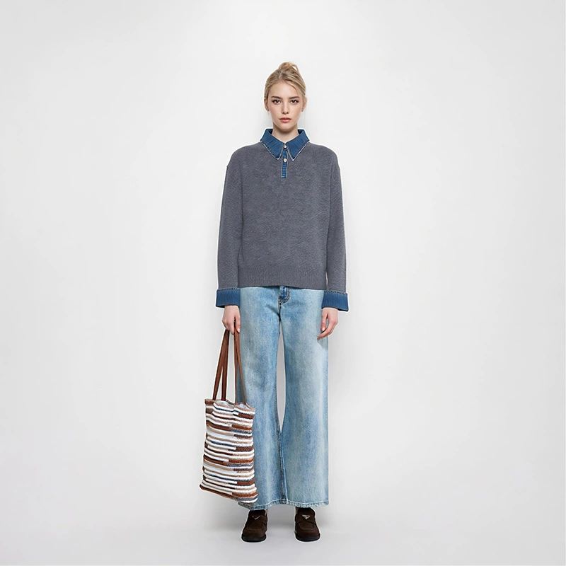 Наньоу стильный оптовый элегантный серый пуловер с лацканами на осень и зиму, 100% шерсть, джинсовая вставка, трикотажное изделие