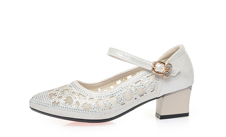 Sandal nữ da thật lưới hở mũi gót trung 4,5 cm đế mềm thoáng khí — Vàng【Gót trung 4.5cm】 chi tiết 16