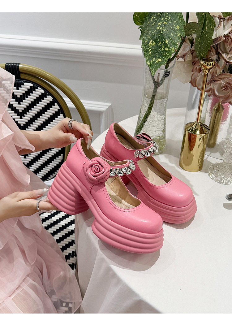 Giày sandal cao gót nữ quai ngang đế dày gót 9 cm đính hoa pha lê — màu đen, màu hồng, màu trắng ngà chi tiết 16