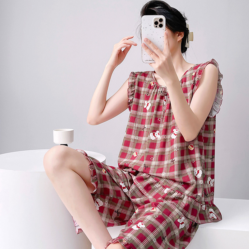 2025 New Pajamas Women's Summer Cotton Silk Vest Suit Sweet and Wearable Floral High-End Artificial Cotton Home Clothes