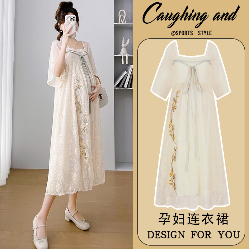 Pregnant Women Summer dress 2024 New Chinese Style National Style Improved Cheongsam Summer Embroidered plus size Loose Skirt