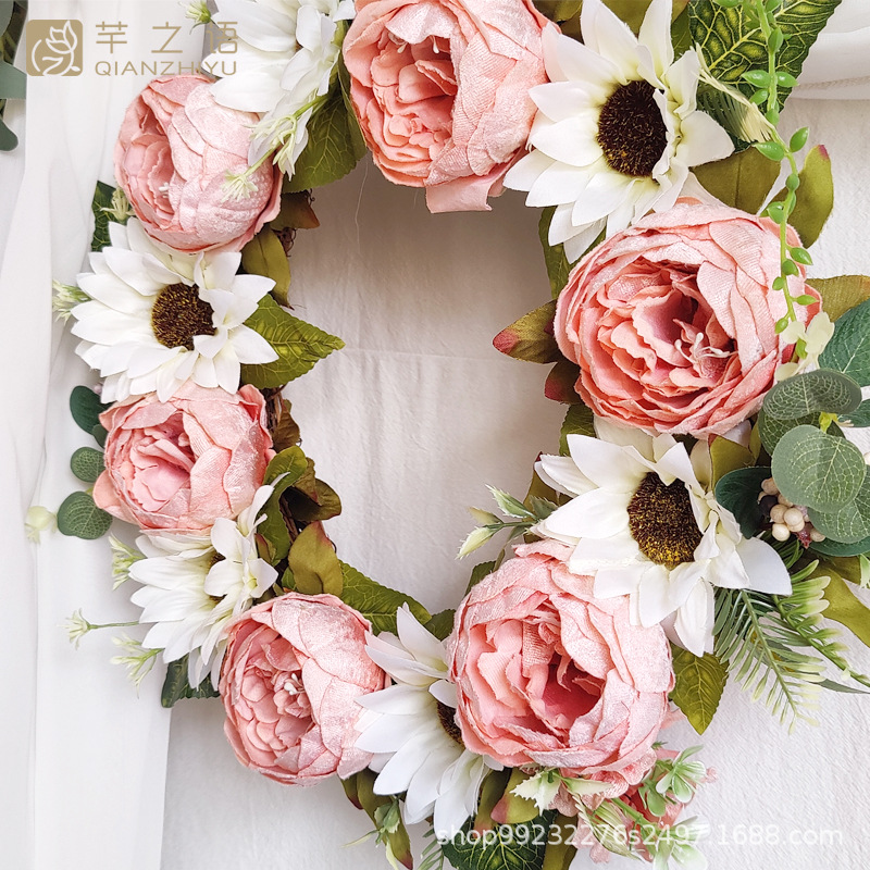 亞馬遜仿真絹布牡丹門飾婚禮門楣花攝影婚慶燭臺花環(huán)絹花粉色掛飾