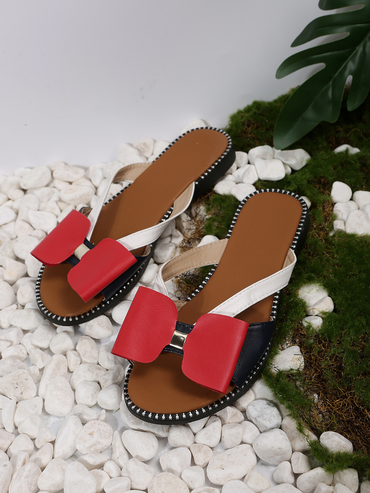 Women's Colour Block Suede Pu Sandals Flat Bow Summer Beach Shoes_voghion.com