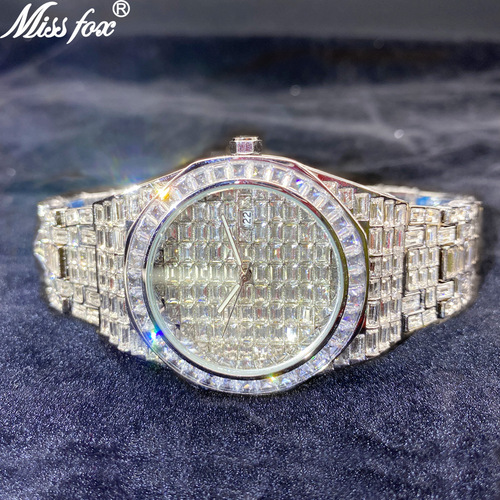 MISSFOX watch foreign trade European and American fashion big-name square diamond full diamond luminous waterproof quartz men's watch