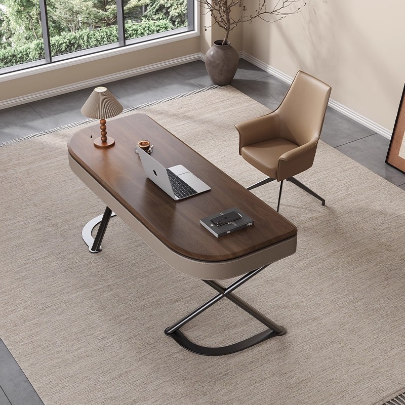 High-End Solid Wood Desk, Light Luxury, Modern and Simple Saddle Leather Home Study Bedroom Walnut Leather Office Computer Desk