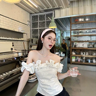 韩版纯欲绝美一字肩提花小衫女夏季设计感花边收腰修身小众上衣潮