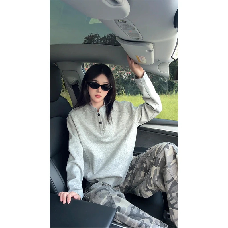 American-Style Polo Henley Shirt for Men, Long-Sleeved T-Shirt, Autumn and Winter Top, Cleanfit Inner Layer, Casual Regular Shoulder Base Layer Sweatshirt