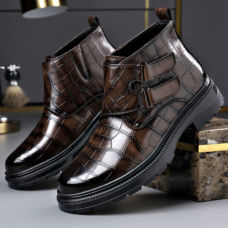 Осенние и зимние сапоги Martin модные тисненые узоры кожаные сапоги Chelsea модные пряжки плюс бархат теплые короткие сапоги на липучке мужские сапоги