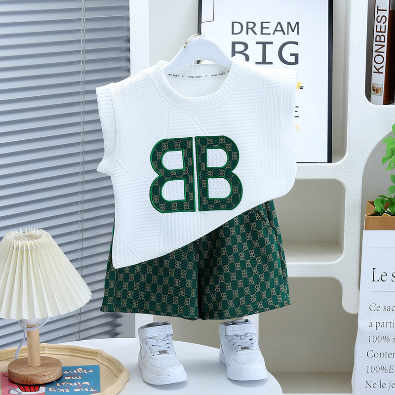 クロスボーダー子供服【刺繍モデル】男の子ベストスーツ新しい子供ネットセレブ服子供クールでハンサムな夏服|undefined