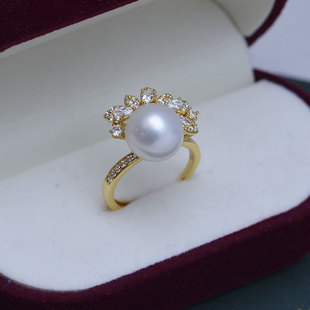 Freshwater 10-11mm Round Strong Light Fine Pearl Ring S925 Silver Petal Style Bracelet Opening Adjustable