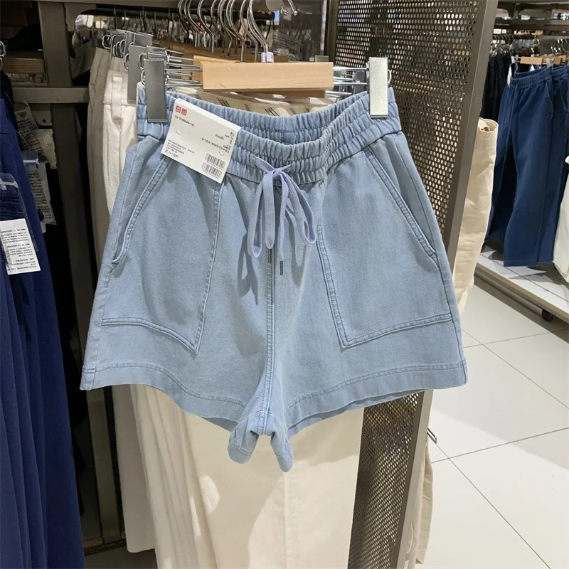 Mùa hè 2024 phong cách mới giặt cotton quần short denim dây thắt lưng co giãn dáng rộng denim ngắn dệt kim quần âu