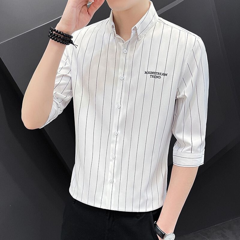 Beijiang Wolf 26 New Trendy Embroidered Striped Shirt with Three-Quarter Sleeves for Men, Summer Thin Style, Youthful Casual Fashion
