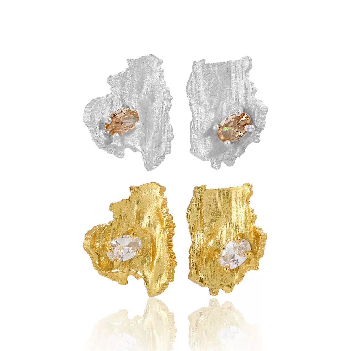 794几何不对称镶钻耳钉女不规则S925纯银小众个性树皮设计银耳饰