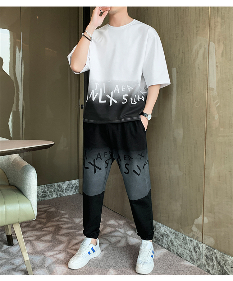 Men's Gradient Color Short Sleeve T-Shirt And Shorts Set Casual Summer Streetwear Hong Kong Style Outfit_viptrois.com