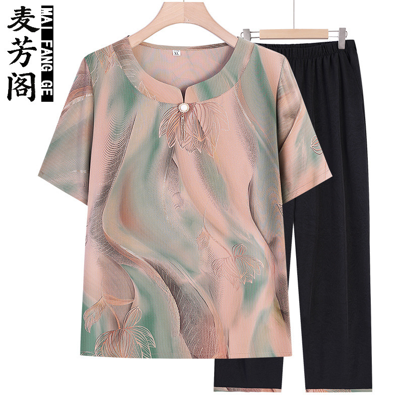 Mother's summer short-sleeve T-shirt for women, middle-aged and elderly, stylish, lightweight, cool top, round-neck clothing for elderly ladies Mother's summer short-sleeve T-shirt for women, middle-aged and elderly, stylish, lightweight, cool top, round-neck clothing for elderly ladies