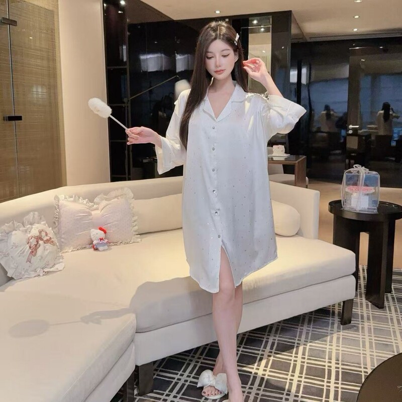 Yj【Star Flash】2026 Summer New Style Shirt Nightgown Casual Cardigan Pure Desire Style Home Wear Yj【Star Flash】2026 Summer New Style Shirt Nightgown Casual Cardigan Pure Desire Style Home Wear