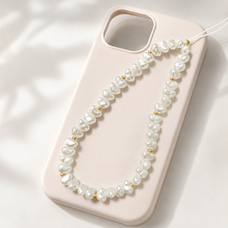 Wholesale from the source: Yuanbao-shaped irregular pearl phone strap, gold-tone spacer beads, gentle style, handmade beaded anti-loss pendant Wholesale from the source: Yuanbao-shaped irregular pearl phone strap, gold-tone spacer beads, gentle style, handmade beaded anti-loss pendant