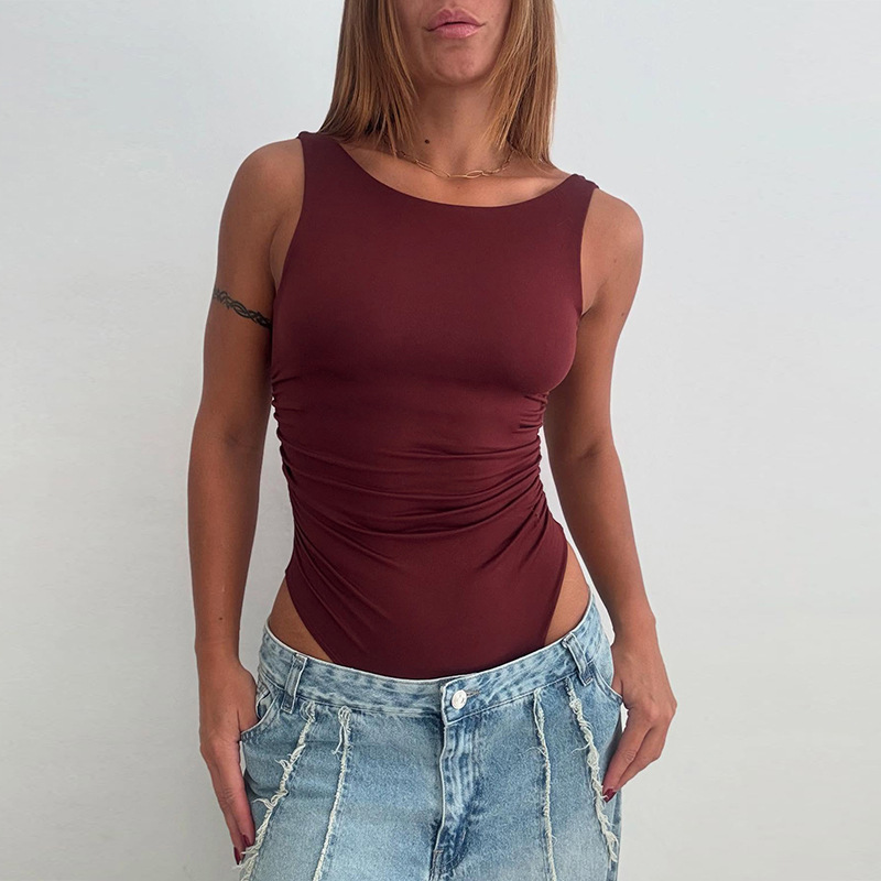 2025 europeo y americano transfronterizo simple calle chica caliente color sólido sexy todo fósforo chaleco delgado sin espalda mono mujer al por mayor