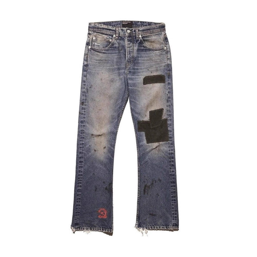 Men's Clothing Heavyweight Flared Jeans With Distressed Corduroy Patches, Washed And Styled Slim Fit And Casual Look._mkmklike.com