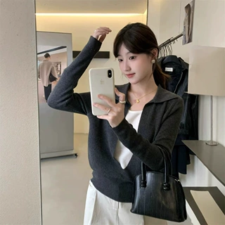 polo领假两件长袖羊毛针织衫女春秋外穿松弛感宽松翻领打底上衣