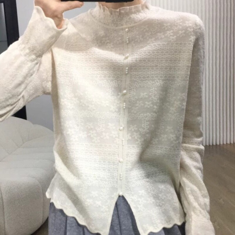 Chic and youthful half-high collar slit button lace trim knit top, versatile long-sleeve base shirt for women in autumn and winter