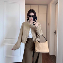 卡其色毛呢棒球服短外套女秋季美式风小个子短款气质oversize夹克