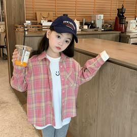 儿童洋气粉色格子衬衫2025春秋新款女童韩版长袖衬衣宝宝秋装上衣